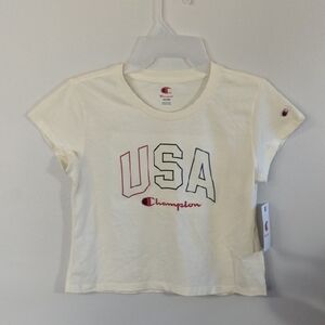 Champion Cream Kids' USA Logo Tee with Red & Blue Accents
